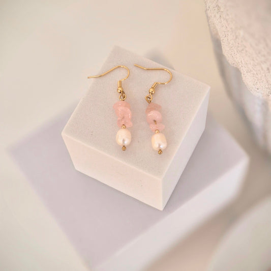 Earrings- Rose Quartz & Pearl