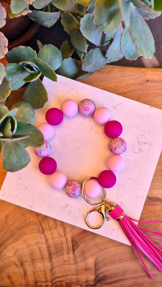 Wristlet silicone beads. Cerise pink floral