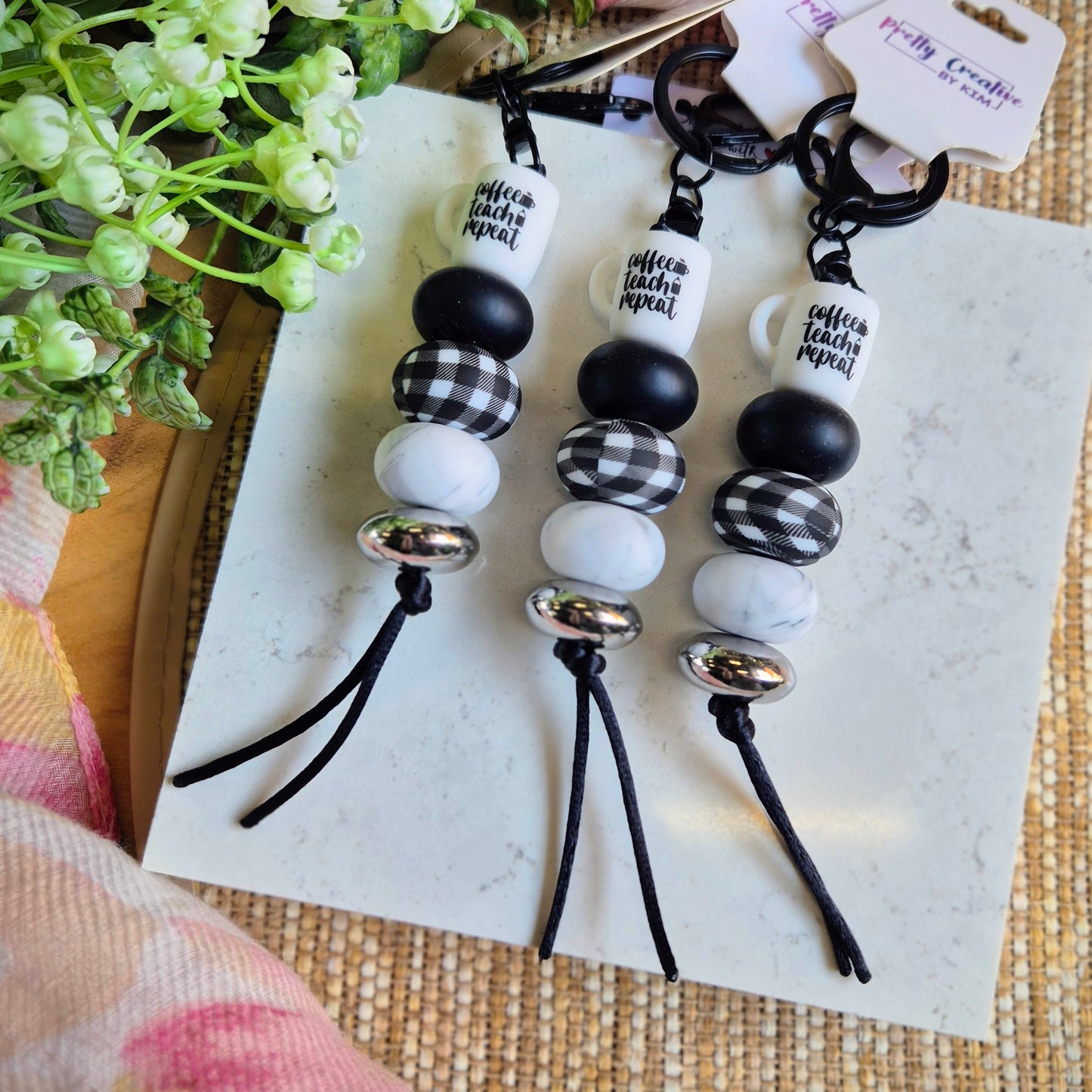 Keychain- Black plaid "Coffee Teach Repeat" mug