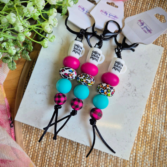 Keychain- Bright colours "Coffee Teach Repeat" mug