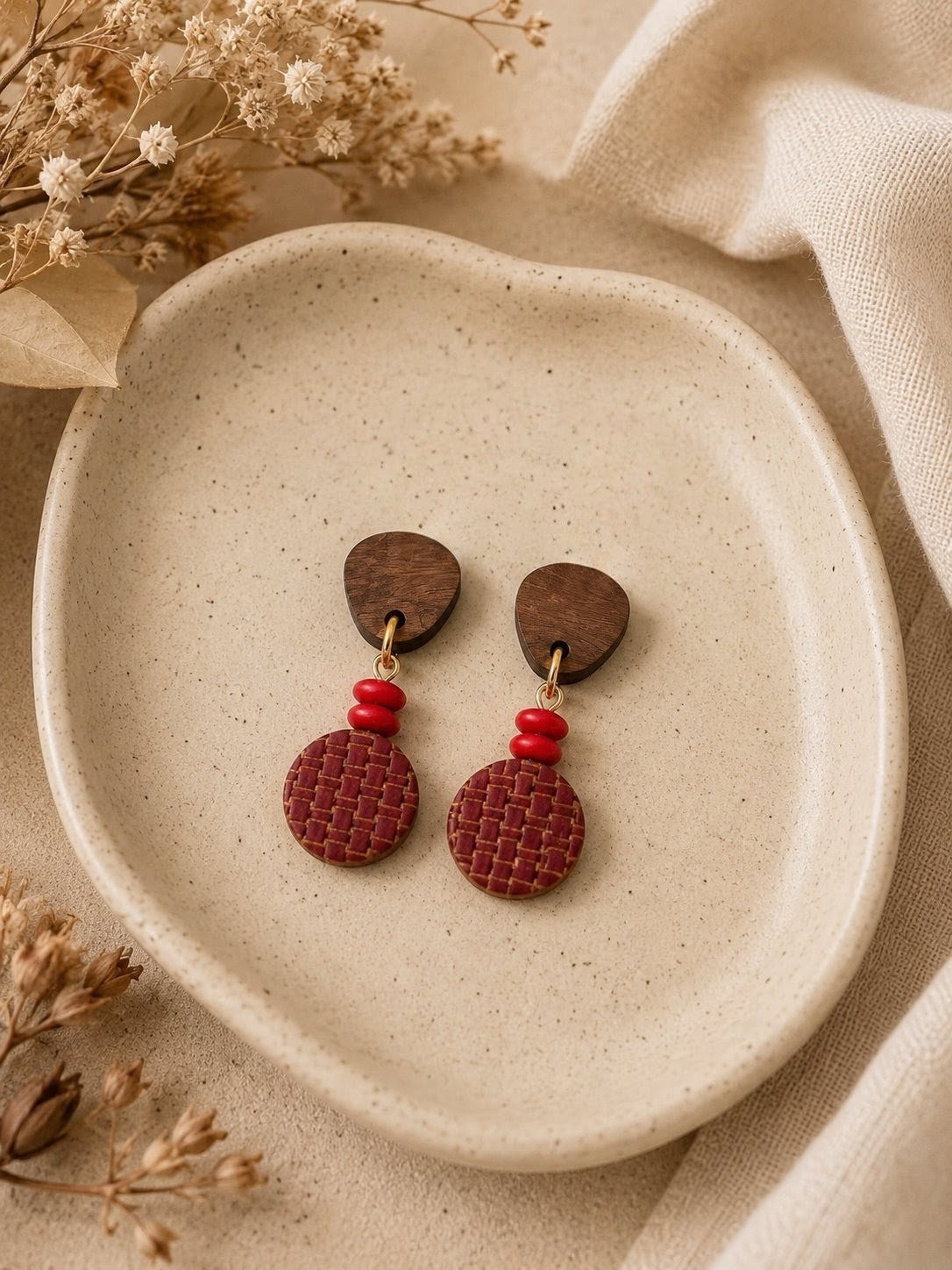 Earrings- Red weaved wood