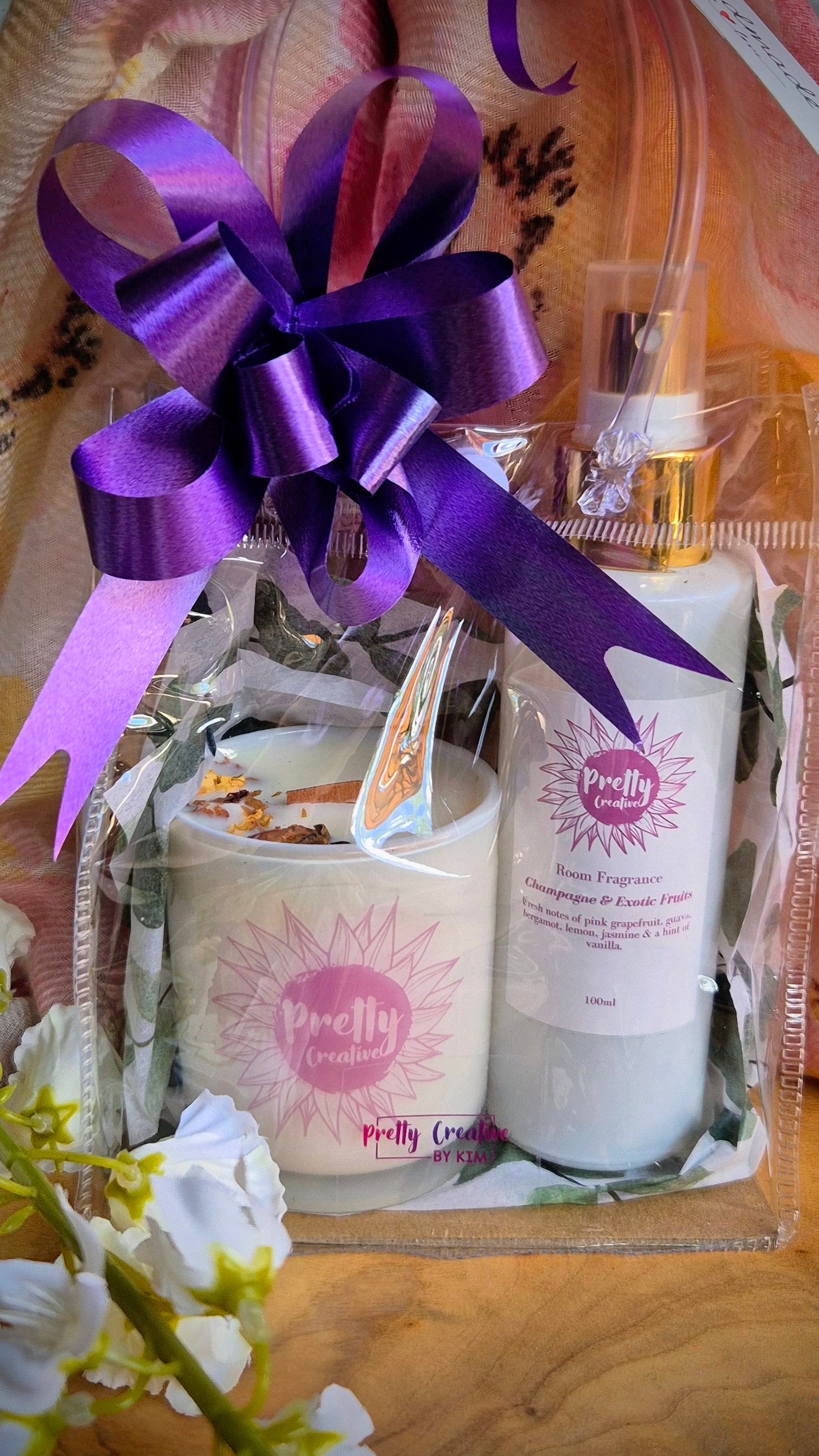 Gift- pink champagne candle and room fragrance spray