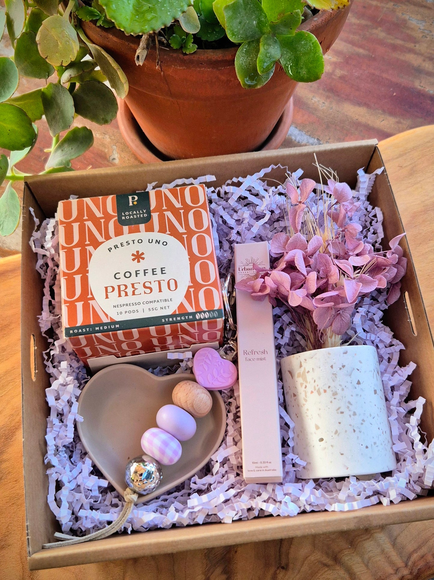 Gift box- Coffee pods, heart trinket keychain, facial mist, handmade posie vase and posie