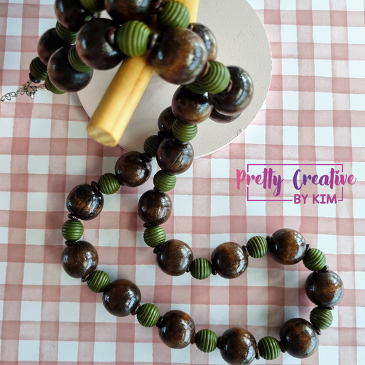 Statement necklace-wooden beads on hemp rope with clasp and extender chain